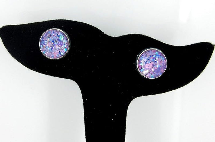 Summerfield Collection Silver-tone Purple Unicorn Mix Glitter Glass Stud Earrings Hand-painted 12mm
