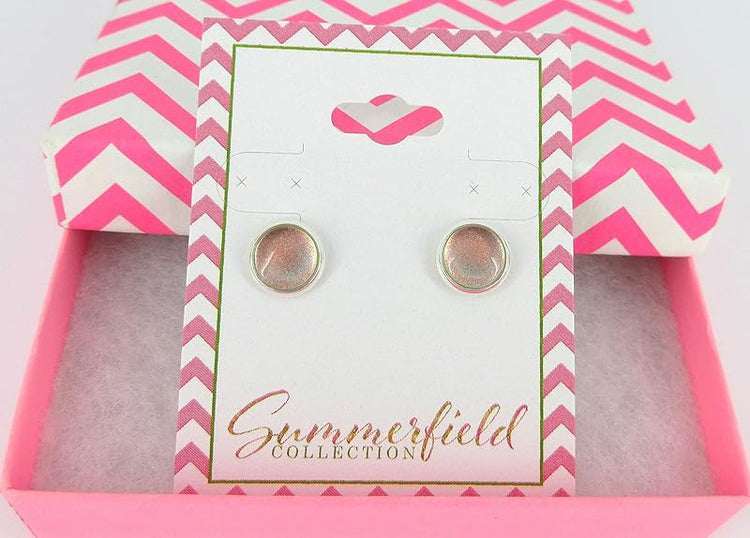 Summerfield Collection Silver-tone Peach Color Shift Glitter Glass Stud Earrings Hand-painted 8mm
