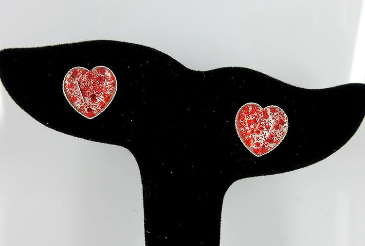 Summerfield Collection Silver-tone Glitter Glass Heart Stud Earrings Red Hand-painted