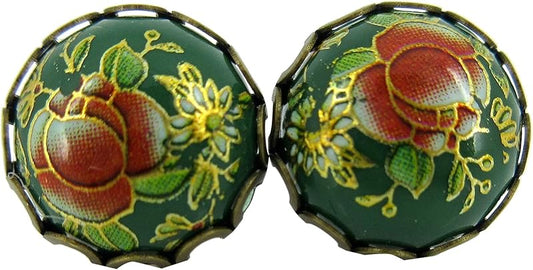 Summerfield Collection Antiqued Gold-tone Floral Print Stud Earrings 12mm (Green)