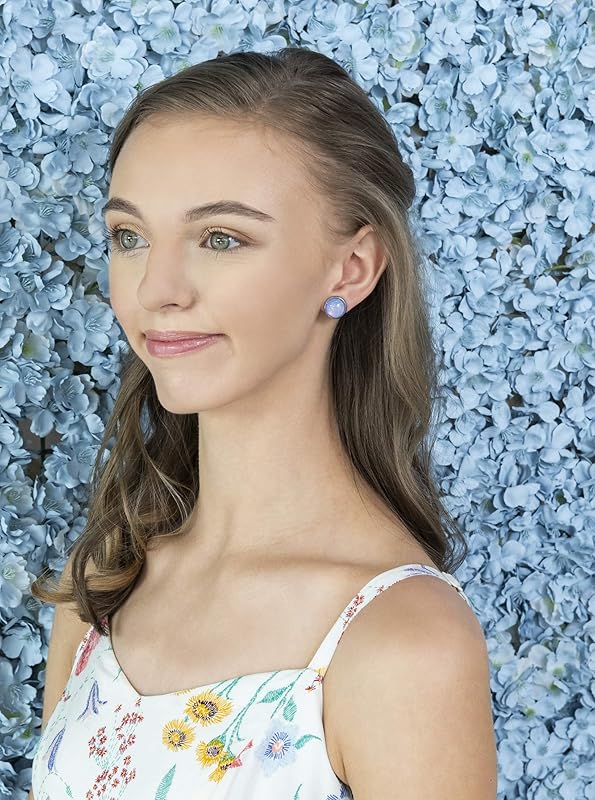 Summerfield Collection Stainless Steel Sky Blue and Rainbow Glitter Flake Glass Stud Earrings Hand-painted (12mm)