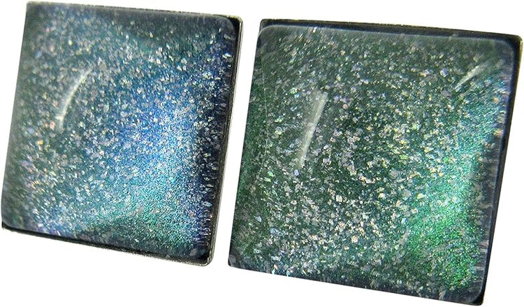 Summerfield Collection Stainless Steel Green and Blue Glitter Glass Stud Earrings Hand-painted Square 10mm