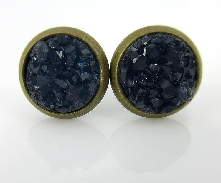 Summerfield Collection Trio Antiqued Gold-tone Stud Earrings 8mm Teal Pink Navy Blue Faux Druzy Stone Set (Teal/Pink/Navy Blue)