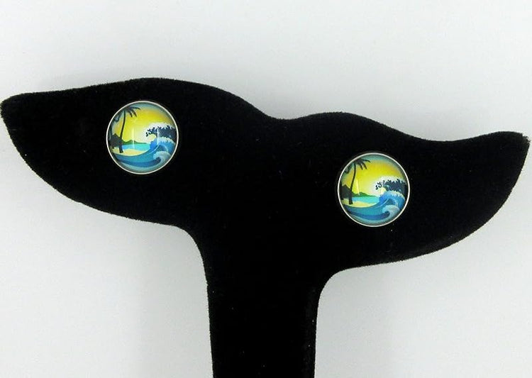 Summerfield Collection Stainless Steel Blue and Yellow Ocean Waves Scene Print Glass Stud Earrings 12mm