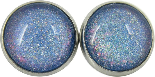 Summerfield Collection Stainless Steel Sky Blue and Rainbow Glitter Flake Glass Stud Earrings Hand-painted (12mm)