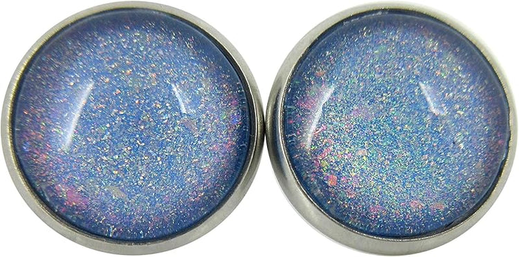 Summerfield Collection Stainless Steel Sky Blue and Rainbow Glitter Flake Glass Stud Earrings Hand-painted (12mm)
