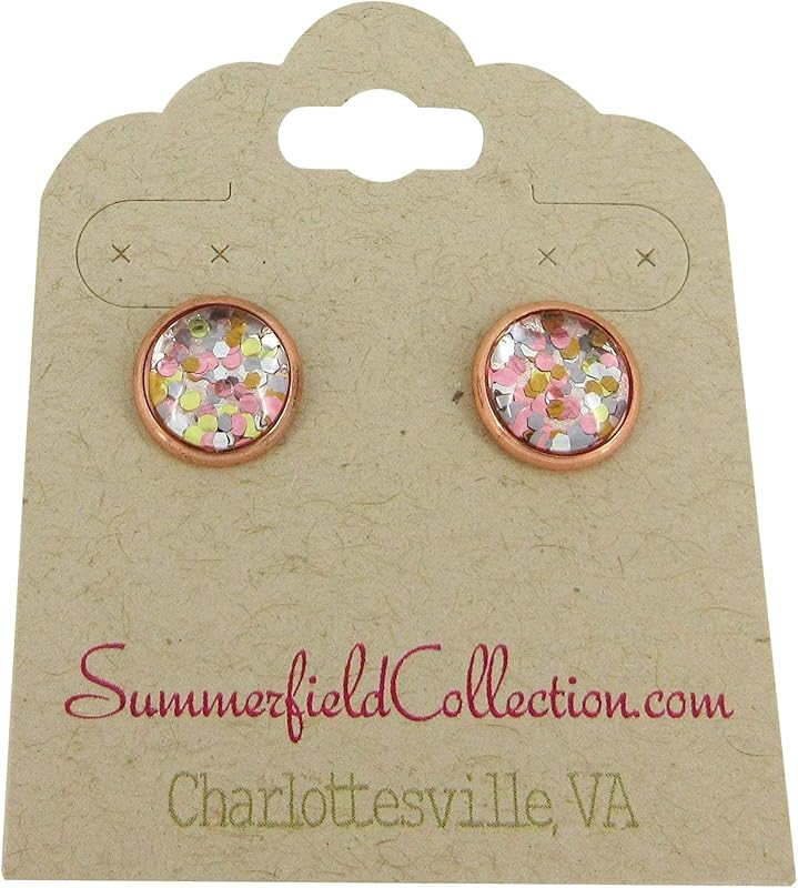 Summerfield Collection Rose Gold-tone Pearly Silver and 5 Metal Glitter Glass Stud Earrings Hand-painted 10mm