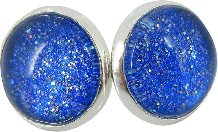 Summerfield Collection Silver-tone Cobalt Blue Holographic Glitter Glass Stud Earrings Hand-painted 12mm
