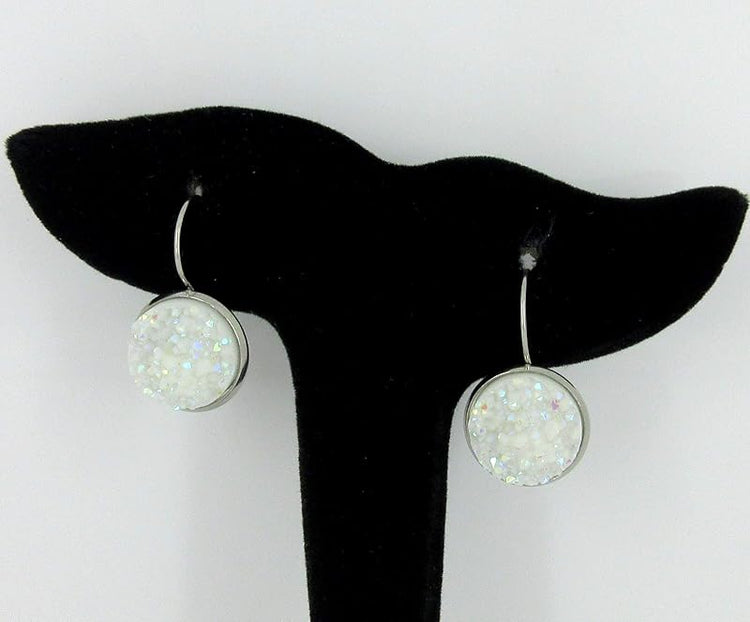 Summerfield Collection Stainless Steel Faux Druzy Stone Lever-back Drop Earrings 14mm (White)