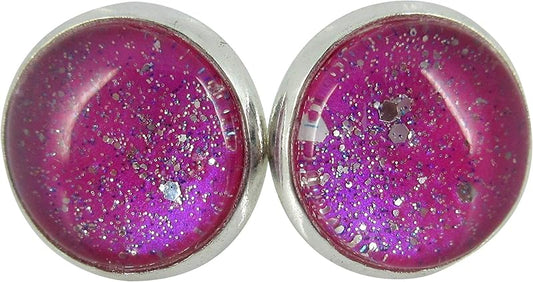 Summerfield Collection Silver-tone Twinkle Glitter Glass Galaxy Stud Earrings Hand-painted 12mm (Magenta Pink)