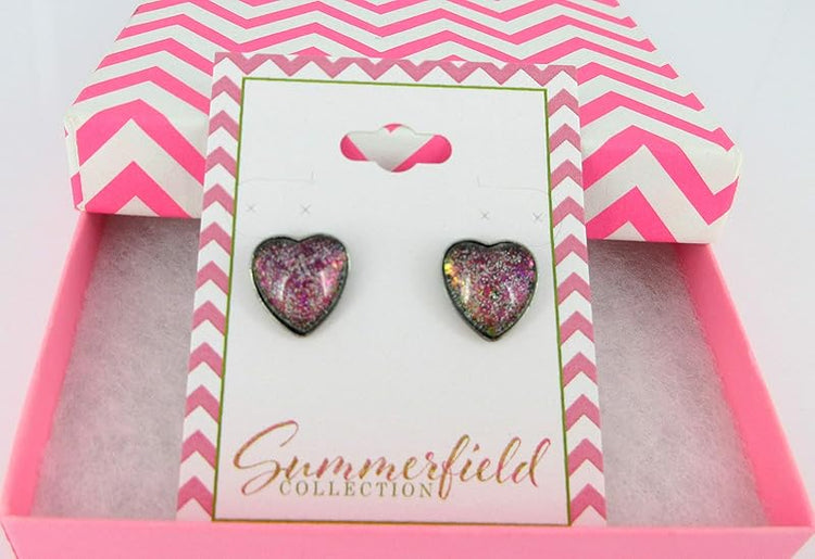 Summerfield Collection Stainless Steel Black and Rainbow Flake Glitter Glass Heart Stud Earrings Hand-painted