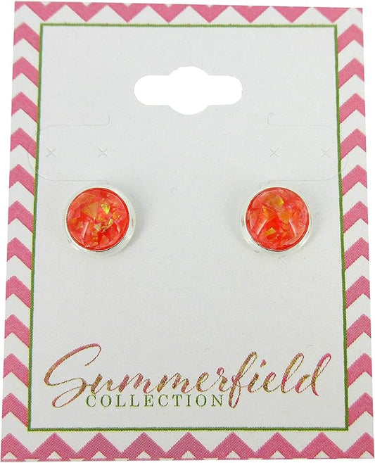 Summerfield Collection Shiny Silver-tone Opalescent Leaf Resin Stud Earrings 8mm (Red/Orange)