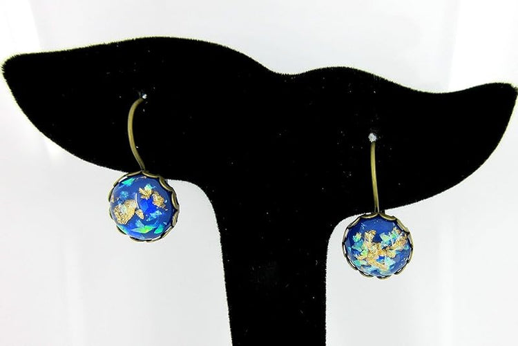 Summerfield Collection Antiqued Gold-tone Opalescent Leaf Resin Lever-back Drop Earrings (Blue)