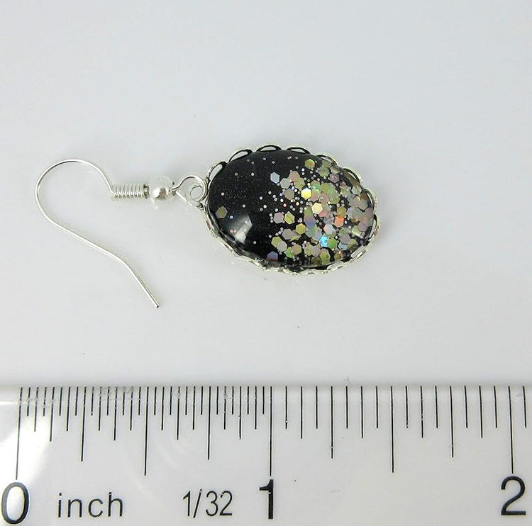 Summerfield Collection Silver-tone Black and Glitter Glass Oval Dangle Earrings