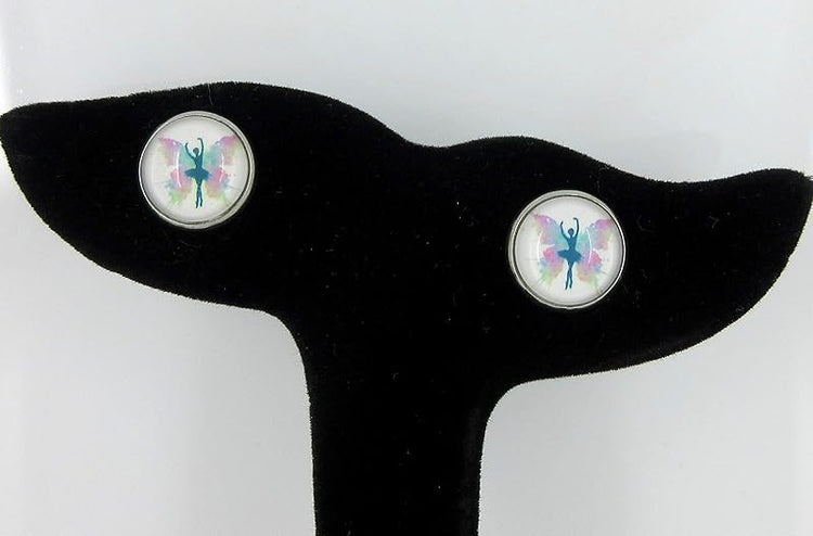 Summerfield Collection Stainless Steel Butterfly Ballet Dancer Printed Glass Stud Earrings 12mm