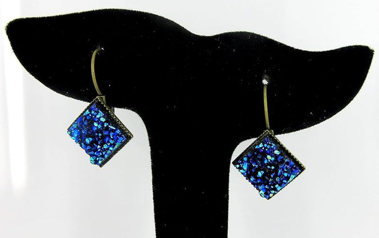 Summerfield Collection Antiqued Gold-tone Geometric Square Faux Druzy Stone Lever-back Drop Earrings (Blue Metallic)