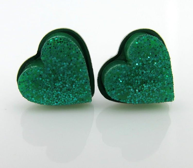 Summerfield Collection Stainless Steel Glitter Acrylic Heart Stud Earrings 8mm (Teal Blue Green)