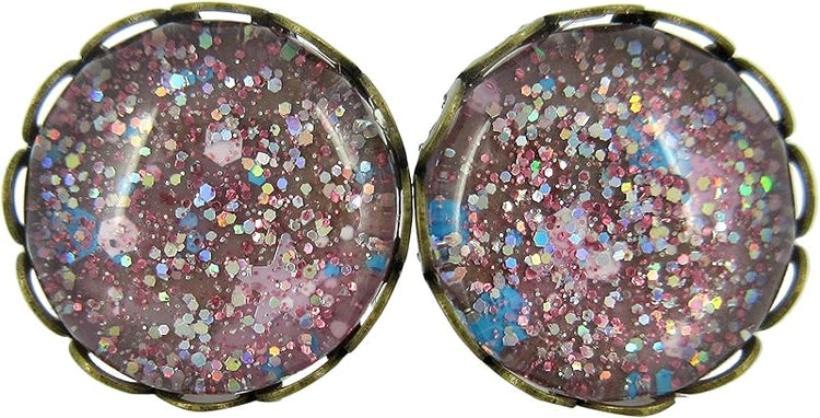 Summerfield Collection Antiqued Gold-tone Pink Iridescent Glitter Glass Stud Earrings Hand-painted 12mm