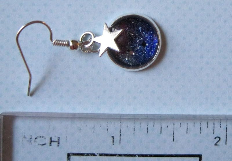 Summerfield Collection Silver-tone Glitter Glass Star Charm Galaxy Dangle Earrings Blue Purple Teal Hand-painted