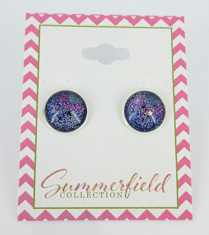 Summerfield Collection Silver-tone Glitter Glass Galaxy 12mm Stud Earrings Blue Purple Teal