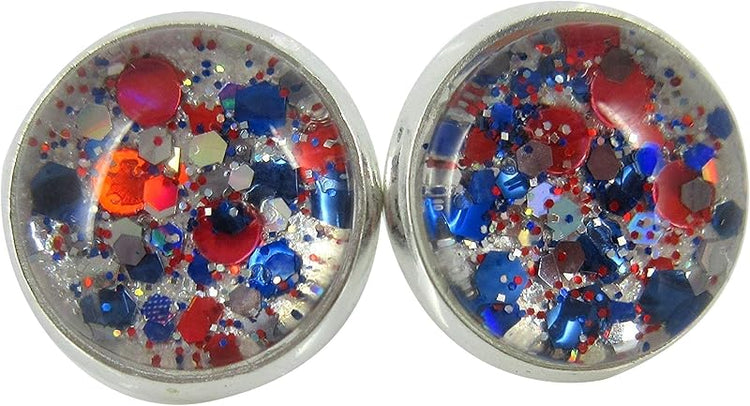 Summerfield Collection Silver-tone Patriotic Glitter Glass Stud Earrings Hand-painted 12mm