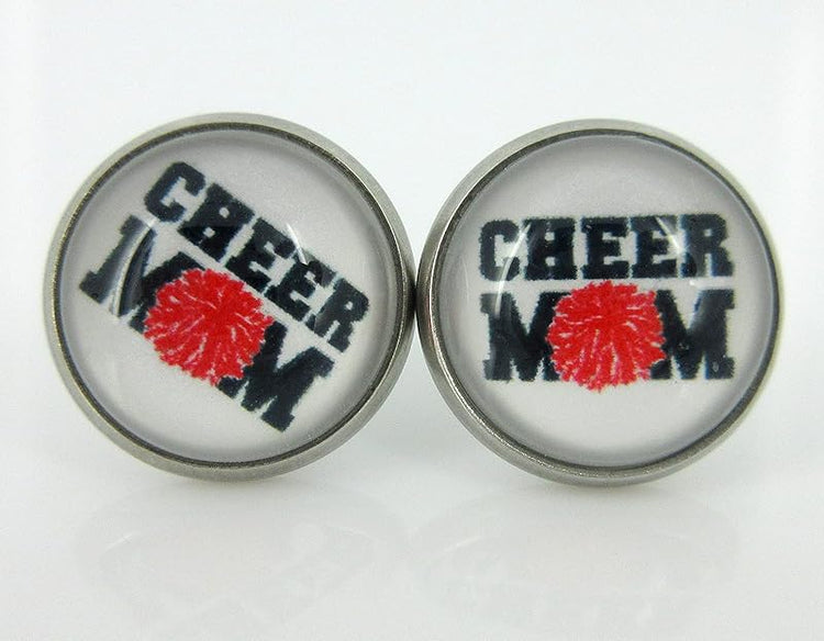 Summerfield Collection Stainless Steel Cheer Printed Glass Stud Earrings 12mm (Cheer Mom)