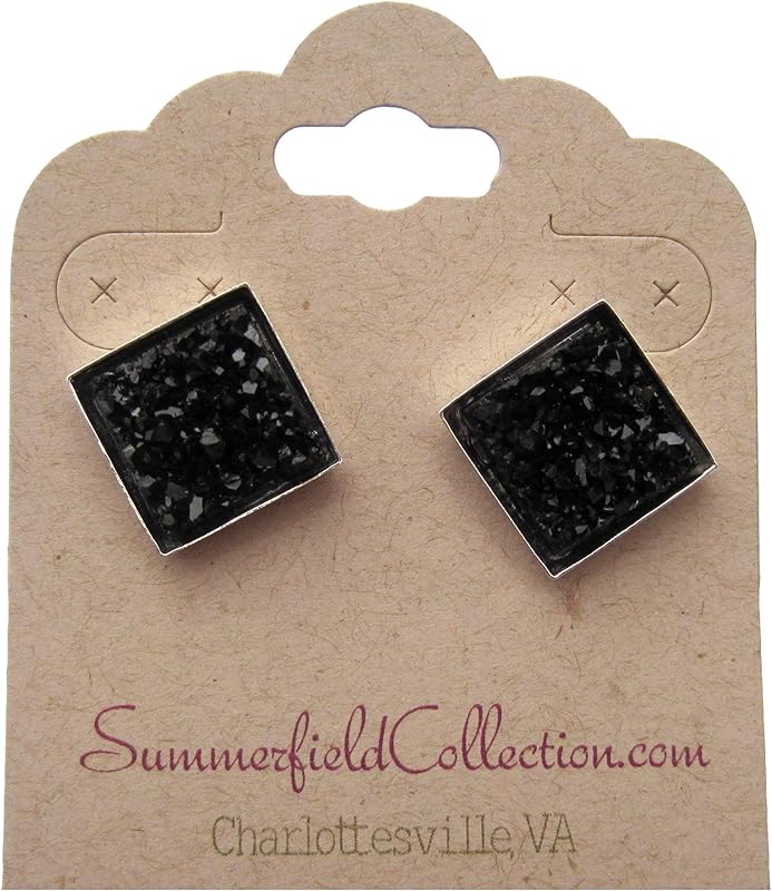 Summerfield Collection Silver-tone Metallic Geometric Square Shaped Chunky Faux Druzy Stud Earrings 12mm Statement (Black)