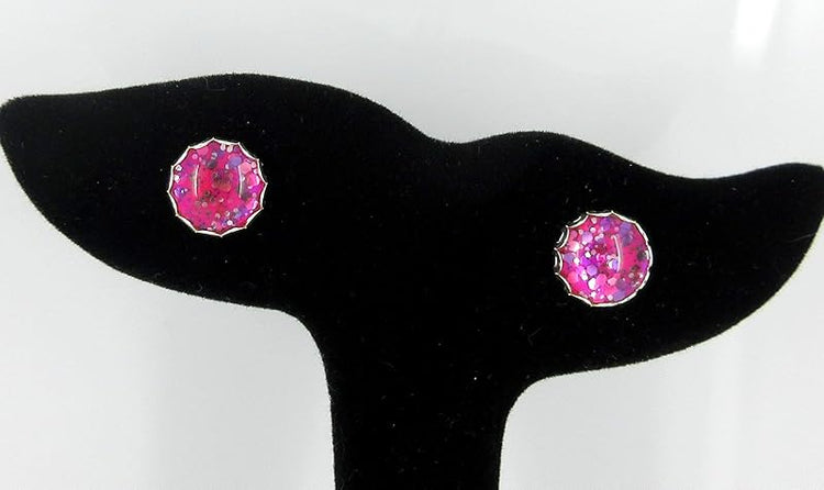 Summerfield Collection Silver-tone Hot Pink Glitter Glass Stud Earrings Hand-painted 10mm