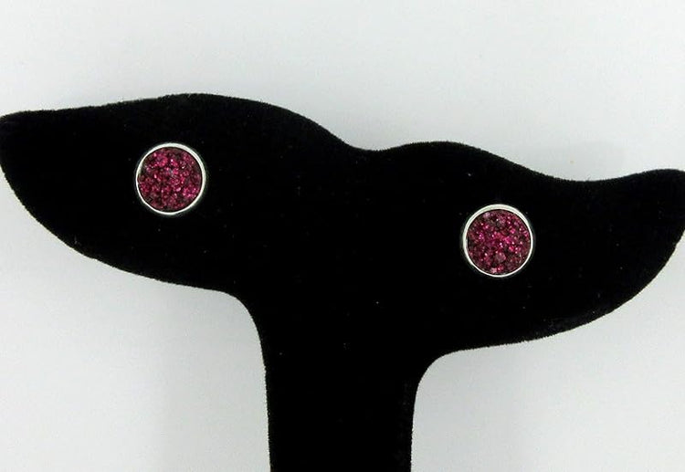 Summerfield Collection Silver-tone Maroon with Pink Glitter Faux Druzy Stone Stud Earrings (8mm)