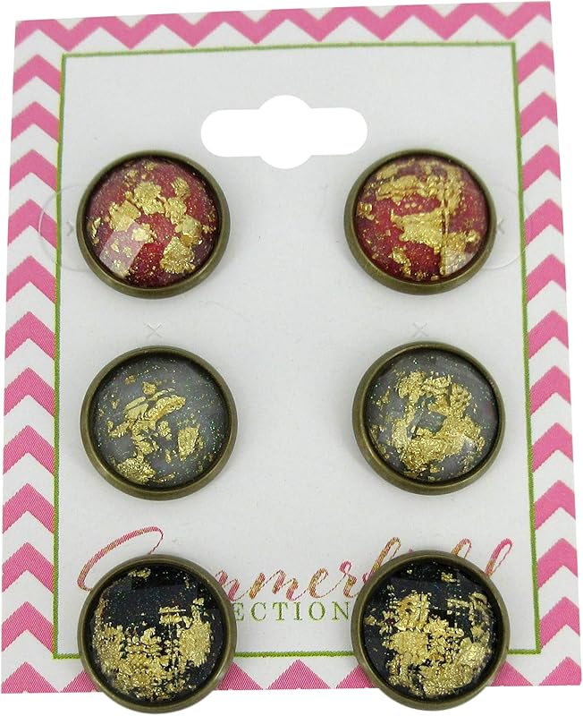 Summerfield Collection Trio Antiqued Gold-tone Leaf Foil Faceted Resin Stud Earrings Set 12mm (Red/Gray/Black)