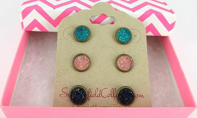 Summerfield Collection Trio Antiqued Gold-tone Stud Earrings 8mm Teal Pink Navy Blue Faux Druzy Stone Set (Teal/Pink/Navy Blue)