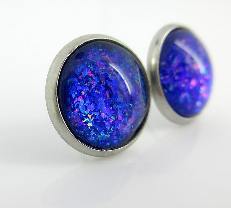 Summerfield Collection Stainless Steel Purple and Blue Holographic Glitter Glass Stud Earrings Hand-painted 12mm