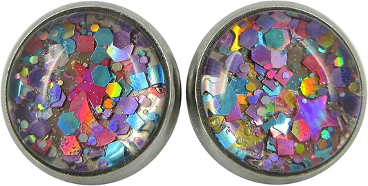 Summerfield Collection Stainless Steel Metallic Pastel Glitter Glass Stud Earrings Hand-painted 10mm
