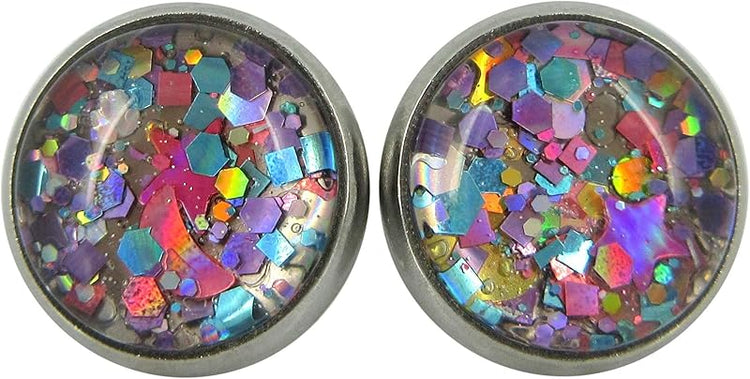 Summerfield Collection Stainless Steel Metallic Pastel Glitter Glass Stud Earrings Hand-painted 10mm