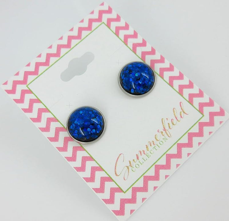 Summerfield Collection Stainless Steel Royal Blue Glitter Resin Stud Earrings (12mm)