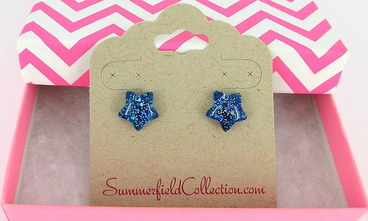 Summerfield Collection Royal Blue Star Shaped Glitter Glass Galaxy Stud Earrings 10mm Hand-painted