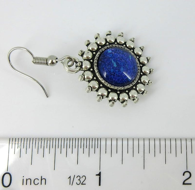 Summerfield Collection Antiqued Silver-tone Purple and Blue Glitter Glass Dangle Earrings Hand-painted