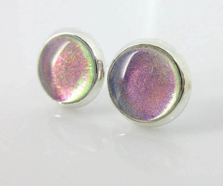 Summerfield Collection Silver-tone Pastel Purple Color Shift Glitter Glass Stud Earrings Hand-painted 8mm