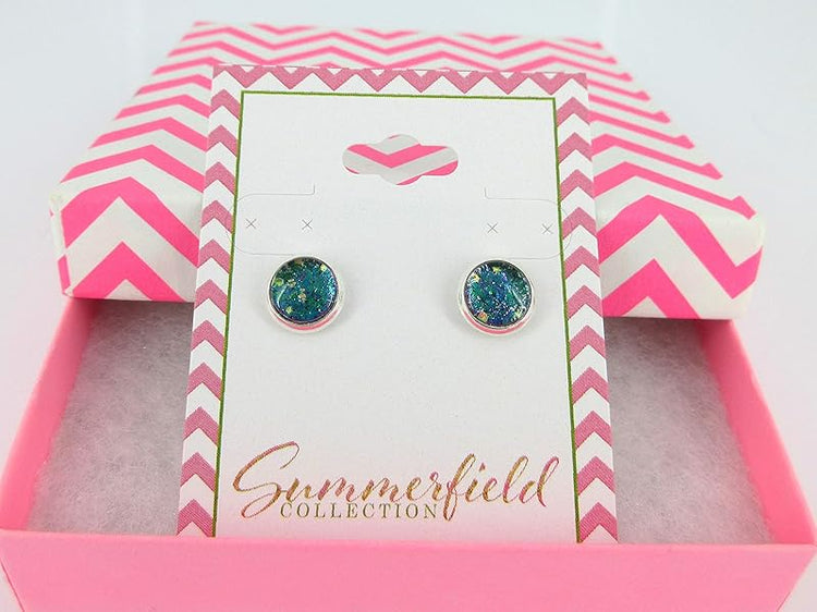 Summerfield Collection Silver-tone Aqua Blue and Purple Glitter Glass Stud Earrings Hand-painted 8mm