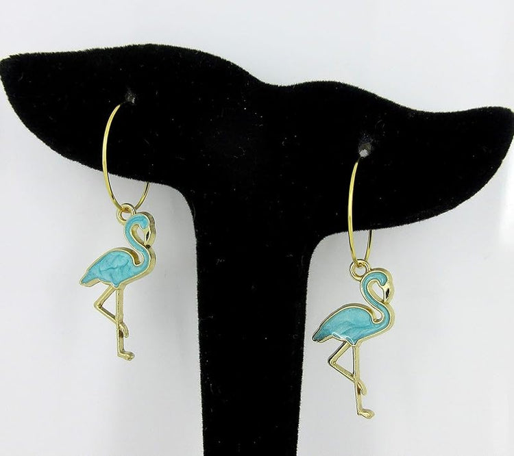 Summerfield Collection Gold Stainless Steel Teal Green Blue Flamingo Charm Hoop Earrings