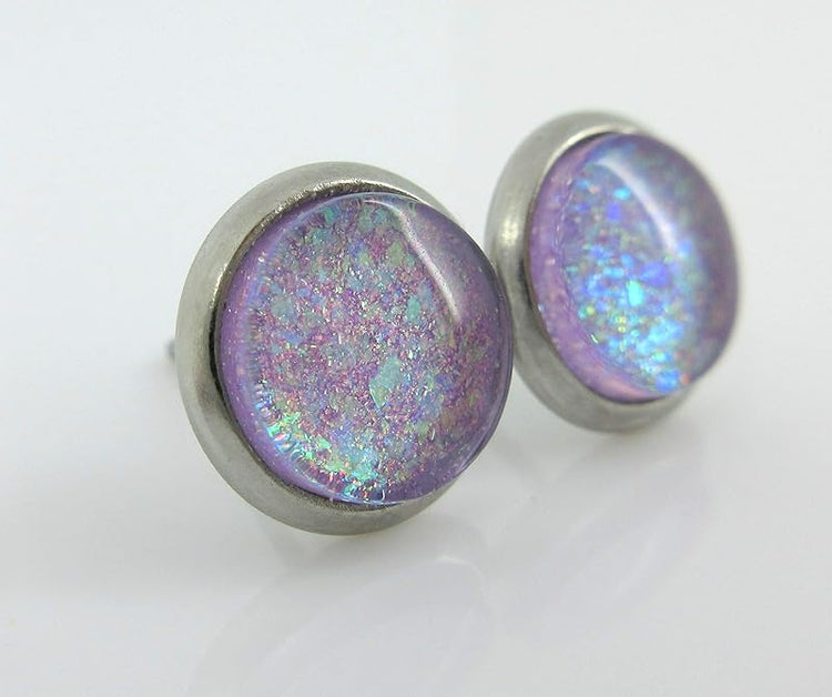 Summerfield Collection Stainless Steel Lavender Purple Glitter Flake Glass Stud Earrings Hand-painted 8mm