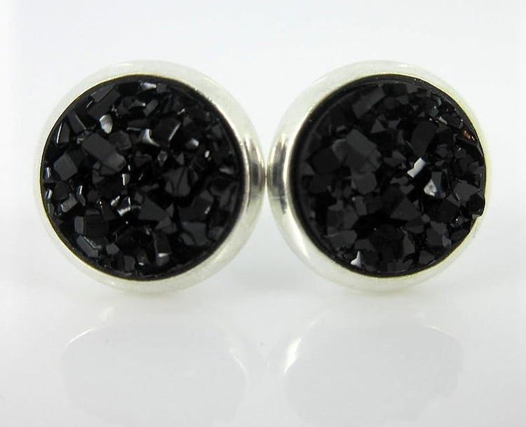 Summerfield Collection Duo Silver-tone Faux Druzy Stone Stud Earrings 8mm Set (White AB/Black)