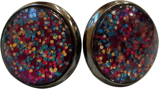 Summerfield Collection Hematite-tone Magenta Pink Confetti Glitter Glass Stud Earrings Hand-painted 12mm