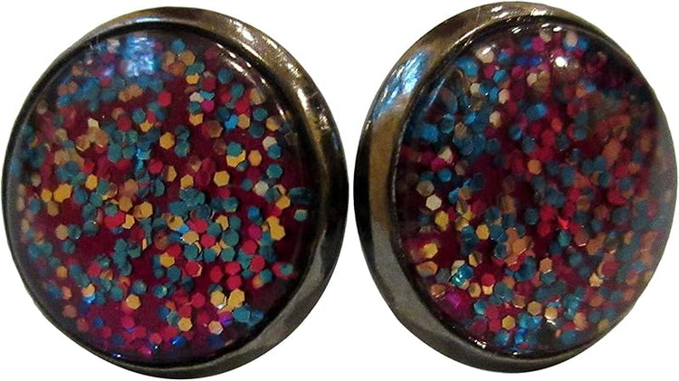 Summerfield Collection Hematite-tone Magenta Pink Confetti Glitter Glass Stud Earrings Hand-painted 12mm