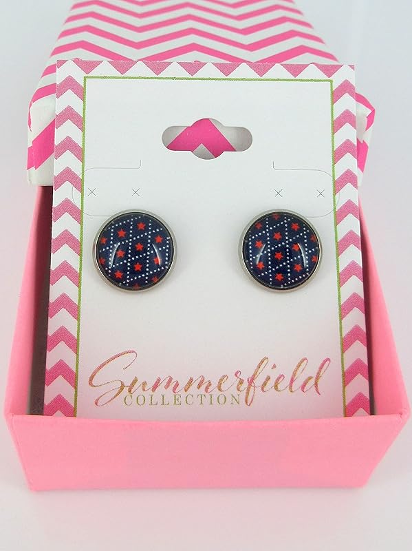 Stainless Steel Patriotic Stars Print Glass Stud Earrings 12mm (Navy Blue)