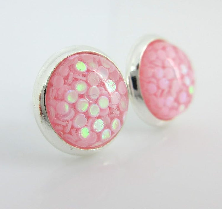 Summerfield Collection Shiny Silver-tone Iridescent Glitter Resin Stud Earrings 10mm (Light Pink)