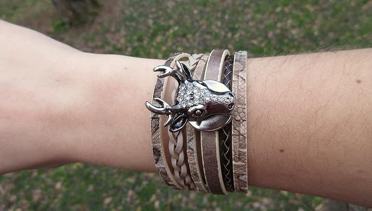 Summerfield Collection Interchangeable Snap Bracelet 3 Charm Set Brown Glitter Glass Layered Leather