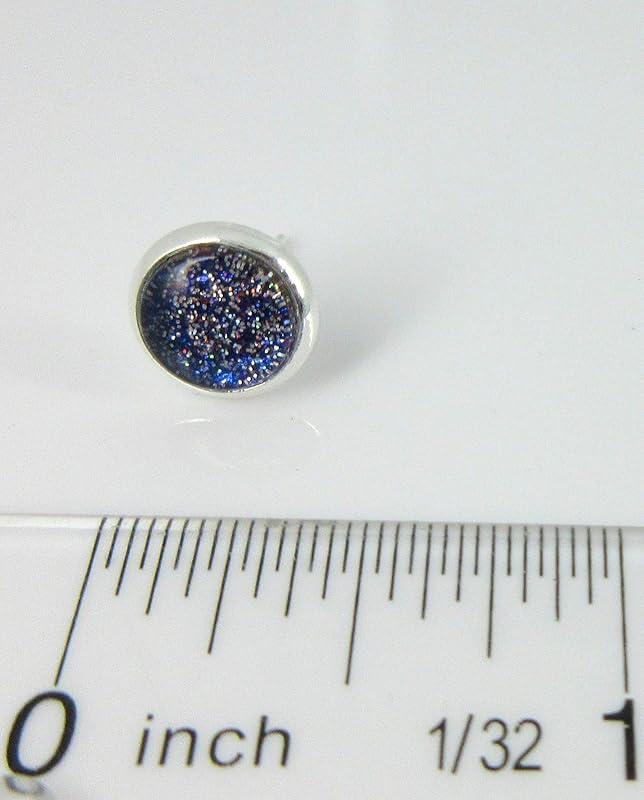 Summerfield Collection Silver-tone Royal Blue and Holographic Glitter Glass Stud Earrings Hand-painted 8mm