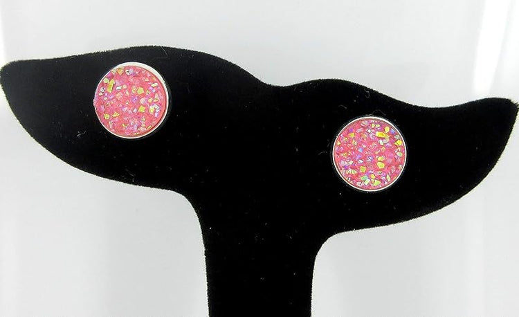 Summerfield Collection Duo Stud Earrings Silver-tone Pink and Green AB Faux Druzy Stone 12mm Set