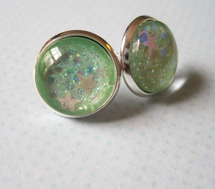Summerfield Collection Silver-Tone Seafoam Iridescent Glitter Glass Stud Earrings 1/2" Round Mermaid Tears
